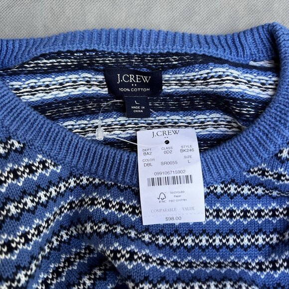 J. Crew Size L Style BK246 Fair Isle Cotton Sweater Light Weight Blue White - Picture 5 of 5